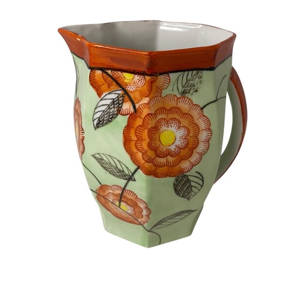 Vintage Octagonal Hand-Painted Porcelain Floral Pitcher Orange Green MCM Japan - Picture 1 of 8